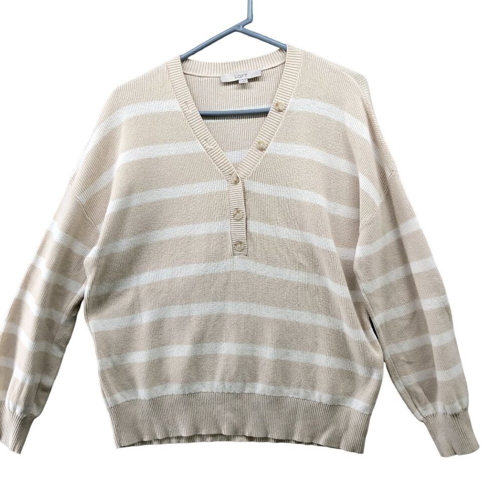 Loft‎ Sweater Womens L 1/4 Button Beige White Striped Cotton Pullover V-Neck